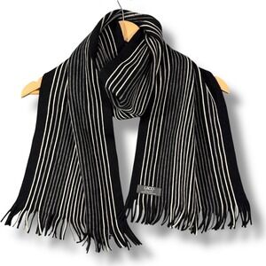 LACO Lambswool Striped Scarf Black White Gray Fringe